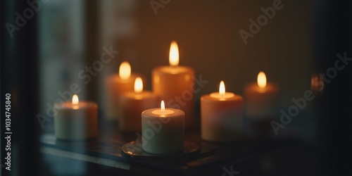 Hanukkah Candles Reflection, Candles reflected in a glass window with the focus on the background, offering space for text in the reflection area.