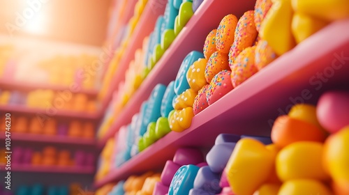 Candy store aisle with shelves of colorful sweets, whimsical packaging with playful illustrations and characters, bright hues, neon accents, highly detailed 3D render, hyper-realistic photo