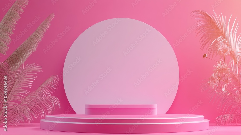 Pink Product Display Platform with Palm Fronds Pink Product Display Platform with Palm Fronds