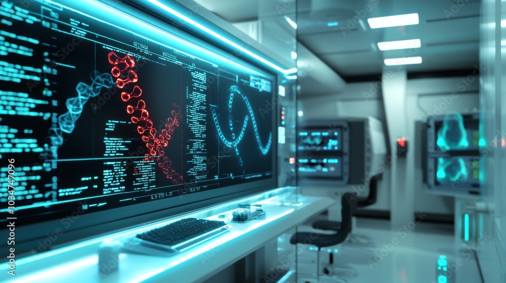 Advanced genetics lab with rotating 3D holoscans of chromosomes and digital control panels Advanced genetics lab with rotating 3D holoscans of chromosomes and digital control panels