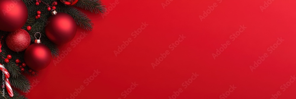 Festive Red Background with Christmas Ornaments Festive Red Background with Christmas Ornaments