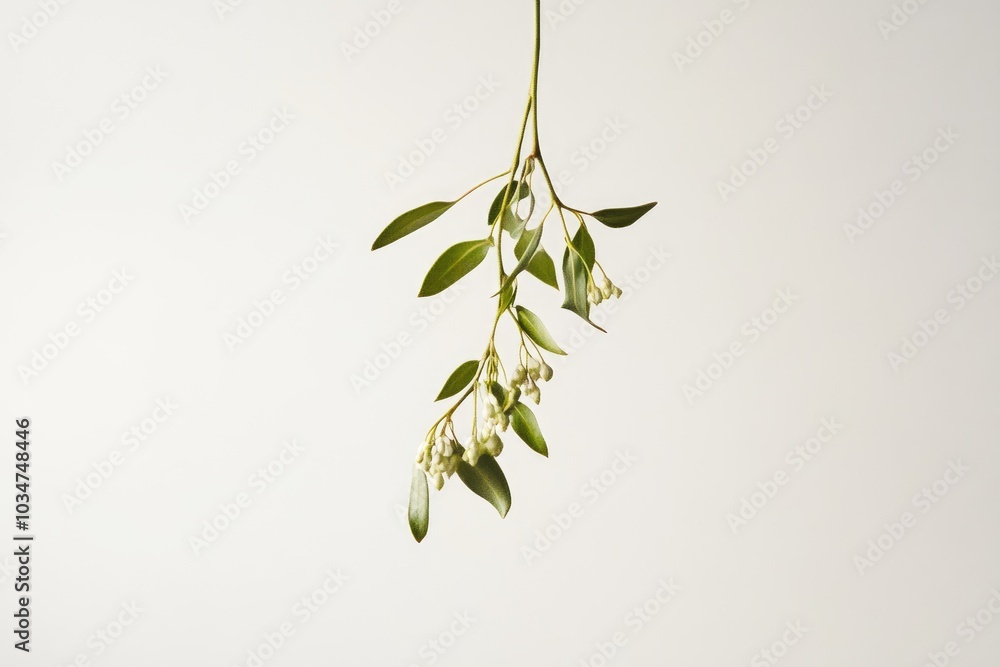 A sprig of green leaves and white buds hanging against a white background A sprig of green leaves and white buds hanging against a white background