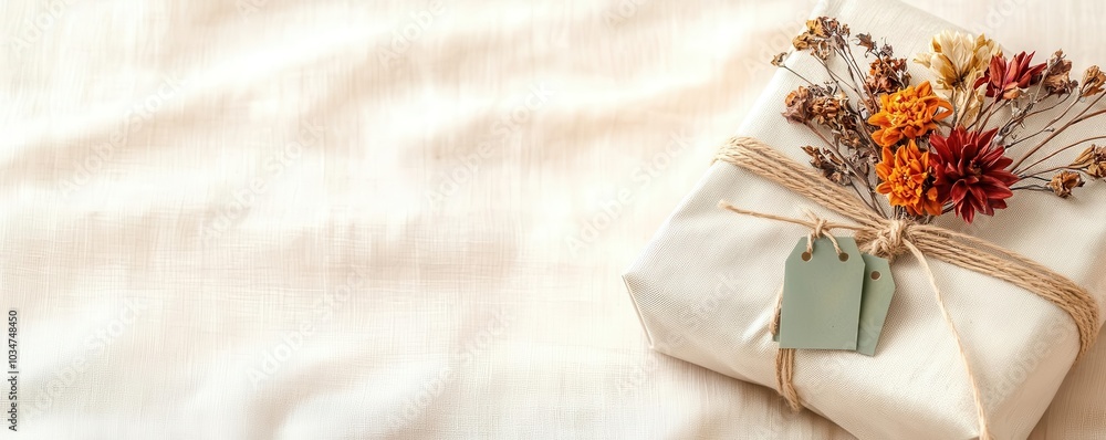 A close-up of a sustainable Christmas gift wrapped in organic fabric A close-up of a sustainable Christmas gift wrapped in organic fabric