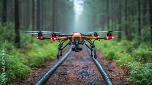 A drone hovers above a narrow path in a dense forest, showcasing the vibrant greenery and misty atmosphere that envelops the area. The tranquil setting highlights nature's beauty.