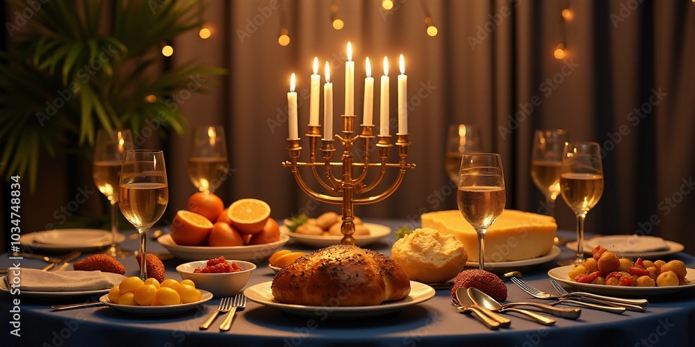 Hanukkah Feast Table, A wide shot of a Hanukkah feast with the table in the bottom third, leaving ample space above for text. Hanukkah Feast Table, A wide shot of a Hanukkah feast with the table in the bottom third, leaving ample space above for text.