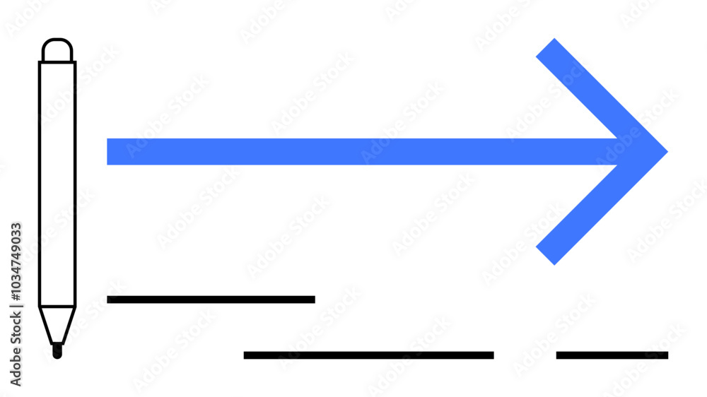 Pen positioned on the left with a bold blue arrow pointing right symbolizing progress. Black lines scattered underneath. Ideal for business forward progress success digital navigation plans Pen positioned on the left with a bold blue arrow pointing right symbolizing progress. Black lines scattered underneath. Ideal for business forward progress success digital navigation plans