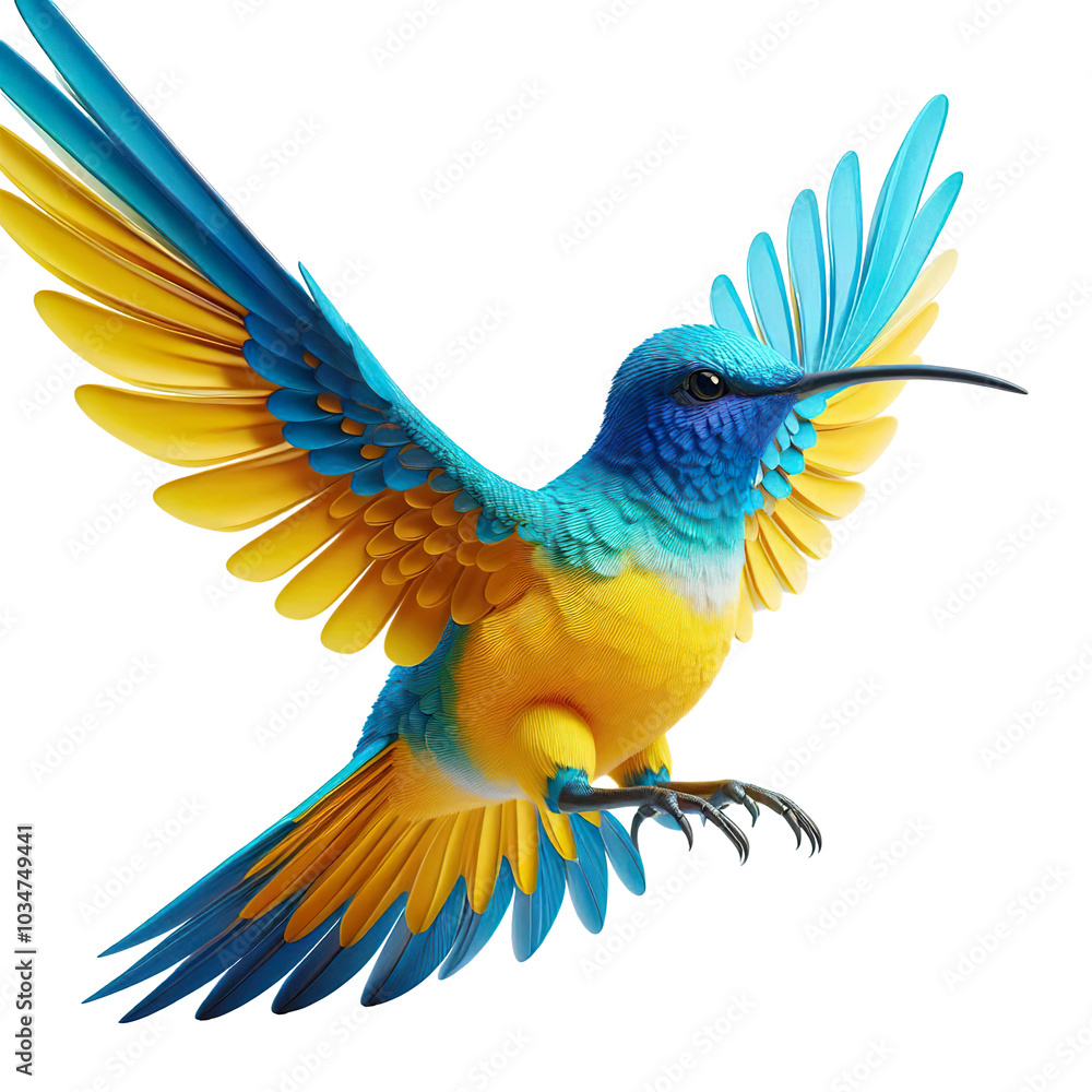 Fototapeta premium 3D yellow and blue humming bird illustration isolated PNG