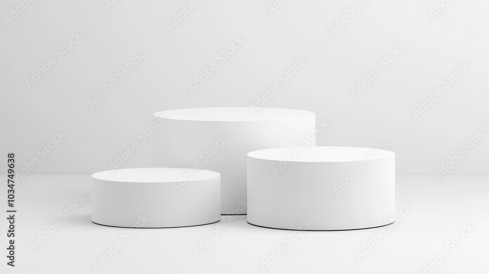 Three White Cylindrical Platforms on a White Background Three White Cylindrical Platforms on a White Background