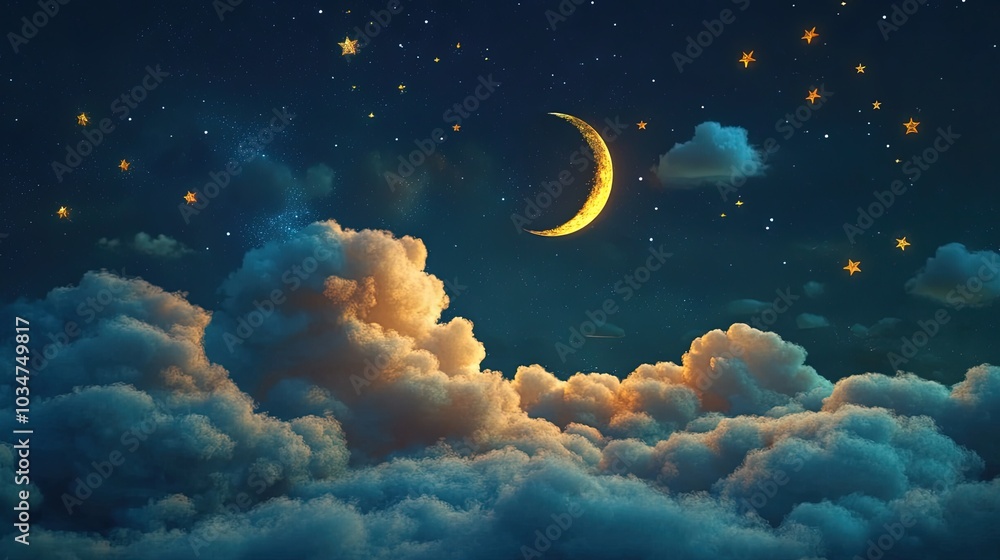 3d Good night and sweet dreams banner. Fluffy clouds on dark sky background with gold moon and stars. 3d rendering. 3d Good night and sweet dreams banner. Fluffy clouds on dark sky background with gold moon and stars. 3d rendering.
