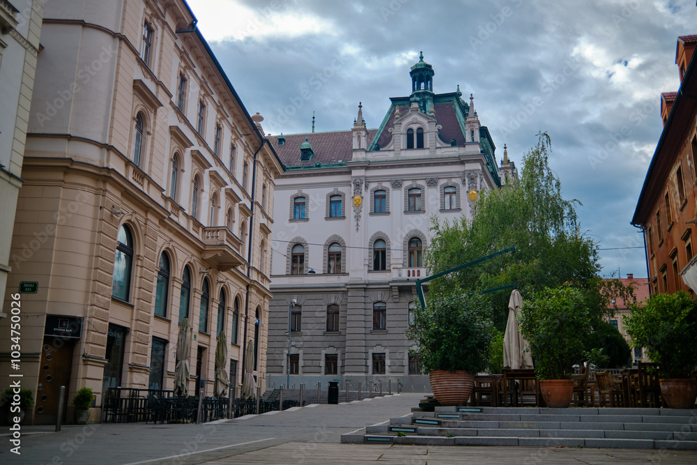 Fototapeta premium Streets of Ljubljana over the Ljubljanica River