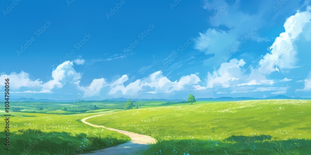 A Tranquil Path Winding Through Lush Green Fields Under a Clear Blue Sky A Tranquil Path Winding Through Lush Green Fields Under a Clear Blue Sky