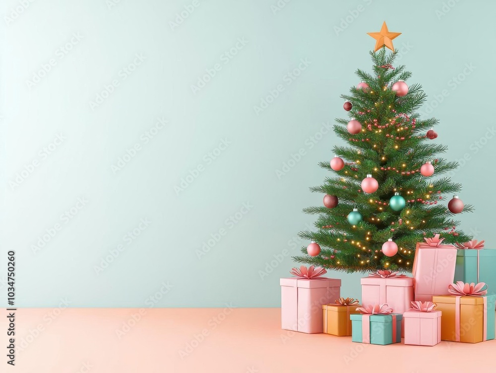 Organic Christmas tree surrounded by gifts wrapped in eco-friendly paper, sustainable festive setting, 3D illustration Organic Christmas tree surrounded by gifts wrapped in eco-friendly paper, sustainable festive setting, 3D illustration