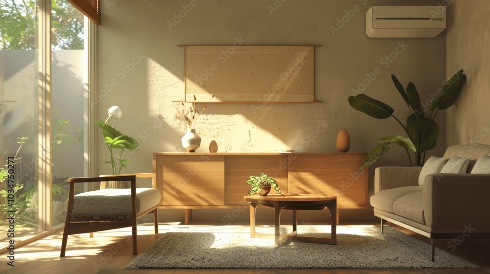Fototapeta premium Sunlight streams into a peaceful and minimal living room.
