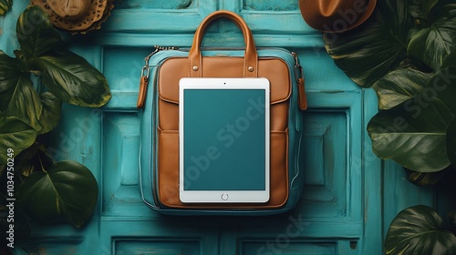 A tablet resting on a stylish bag against a vibrant background, suggesting travel or work.
