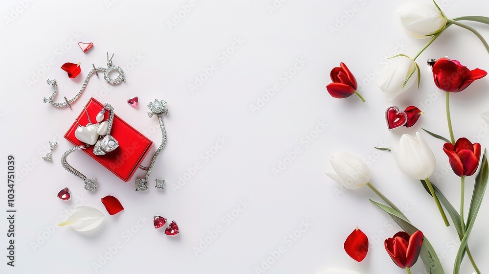 Flowers and Jewelry Gift Box on White Background for Valentine's Day - a romantic and charming visual Flowers and Jewelry Gift Box on White Background for Valentine's Day - a romantic and charming visual