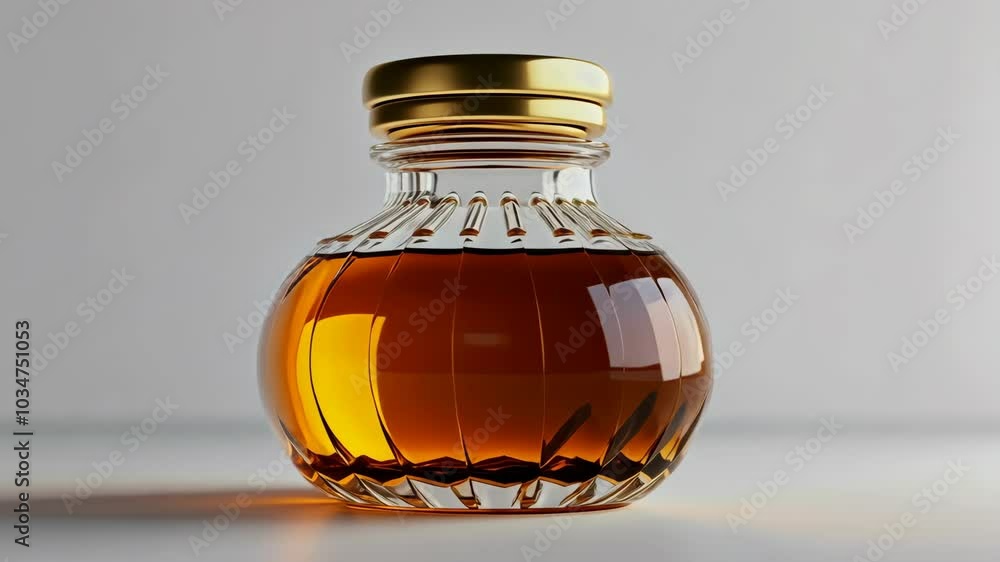 A crystal decanter filled with amber liquid sits on a white surface A crystal decanter filled with amber liquid sits on a white surface