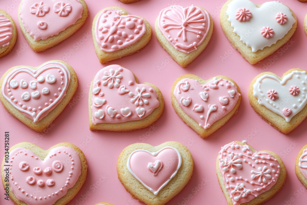 Valentine's Day Baking Pink Heart Cutters on a Pastel Background Valentine's Day Baking Pink Heart Cutters on a Pastel Background