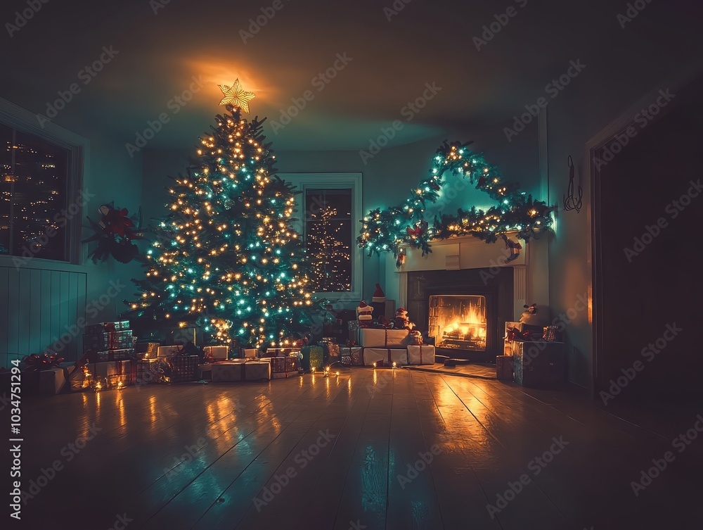 Cozy living room with a decorated Christmas tree and fireplace, glowing with warm lights. Cozy living room with a decorated Christmas tree and fireplace, glowing with warm lights.