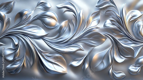 A silver 3D embossed floral pattern on a white background.