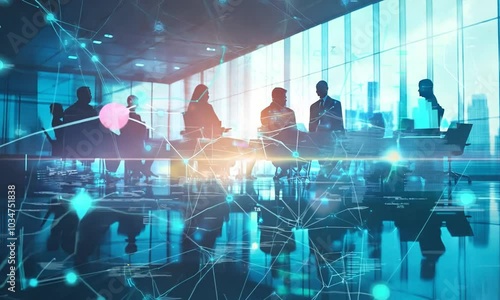 Silhouettes of people in a conference room with a network connection overlay.