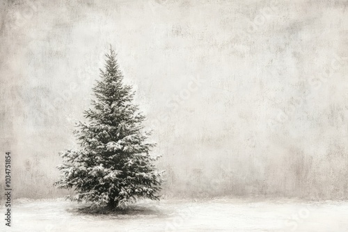 A Single Evergreen Tree Covered in Snow Against a White, Textured Background