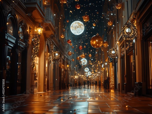 Wallpaper Mural Enchanting festive street adorned with lanterns under a starry night sky. Torontodigital.ca