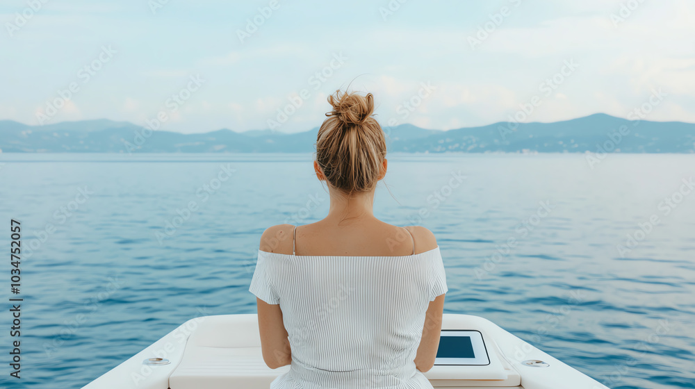 Obraz premium Woman enjoying peaceful ocean view.