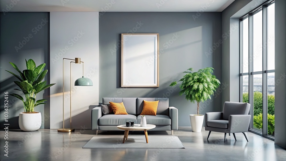 Fototapeta premium Minimalist Grey Home Interior with Vertical Canvas Mockup, Contemporary Design, Simple Aesthetic, Modern Living Space, Empty Wall Art, Clean Lines, Open Space, Neutral Palette, Stylish Decor
