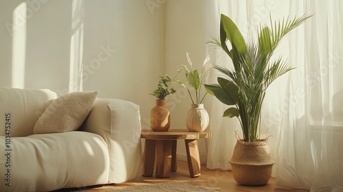 Interior design of living room with cushion at comfortable sofa, wooden side table with plants in vase, elegant accessories and cozy rug. White copy space wall. Minimalist home decor