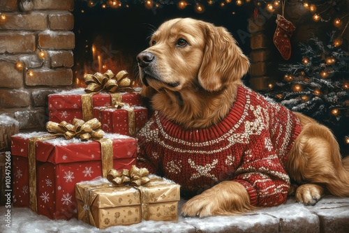 Golden retriever in a festive sweater next to wrapped gifts by a cozy fireplace. photo