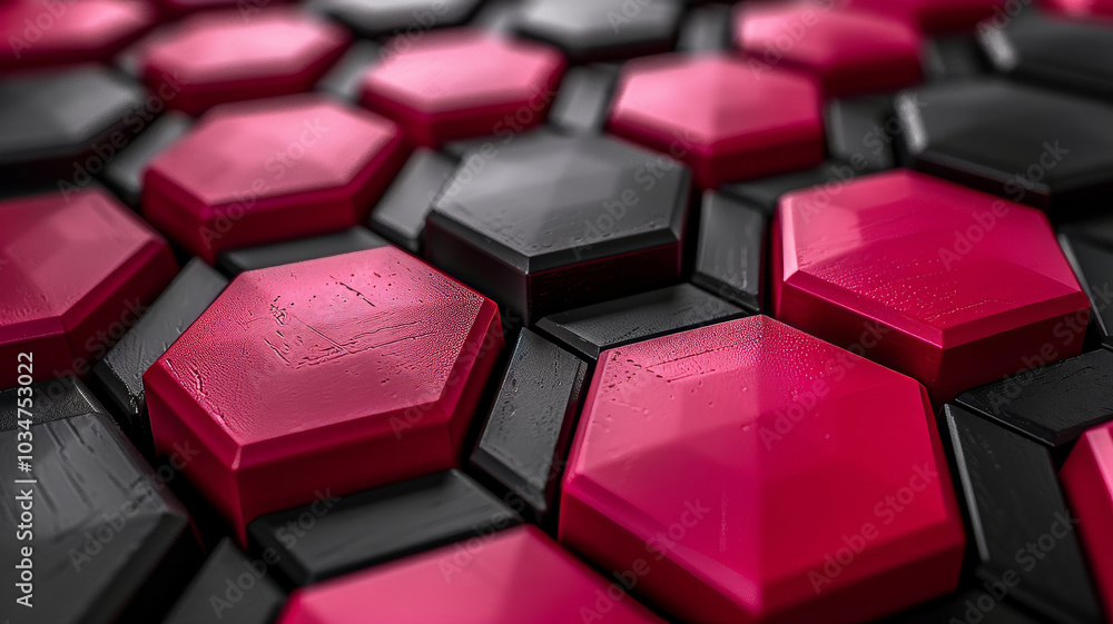 Hexagonal tiles in vibrant shades of pink and black create a striking geometric pattern, showcasing a blend of modern design and color contrast that enhances any contemporary space. Hexagonal tiles in vibrant shades of pink and black create a striking geometric pattern, showcasing a blend of modern design and color contrast that enhances any contemporary space.