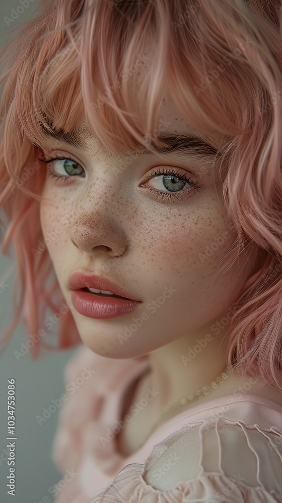 Close Up Portrait of a Woman with Pink Hair and Freckles Close Up Portrait of a Woman with Pink Hair and Freckles