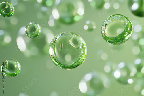 Transparent green bubbles background, 3d rendering