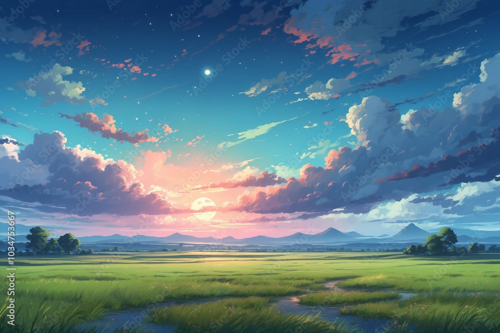 Grassland in summer full moon night. In anime style Grassland in summer full moon night. In anime style