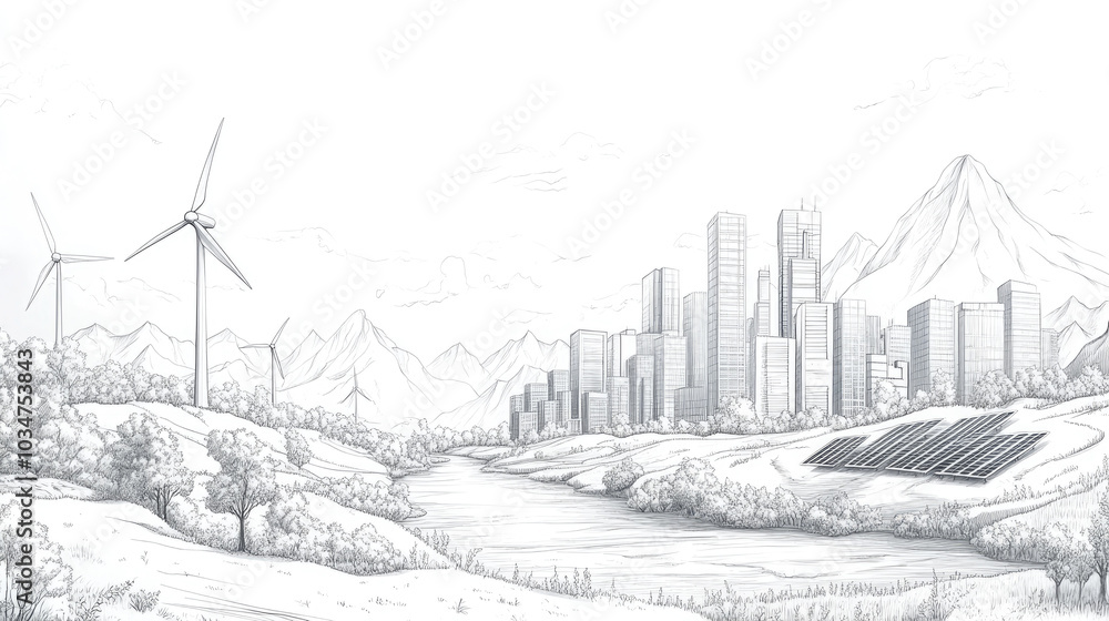 Wind turbines on the edge of the city, illustration style Wind turbines on the edge of the city, illustration style