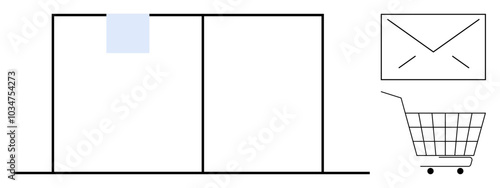 Simple drawing showing a door with a sticky note, shopping cart, and envelope. Ideal for e-commerce, online shopping, parcel services, communication, delivery, and productivity. Line art style
