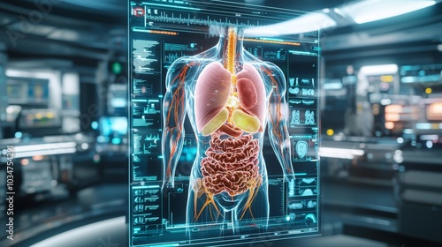 A high-tech medical holoscan of a human torso, rotating in 3D and displaying organs in varying layers of depth and transparency