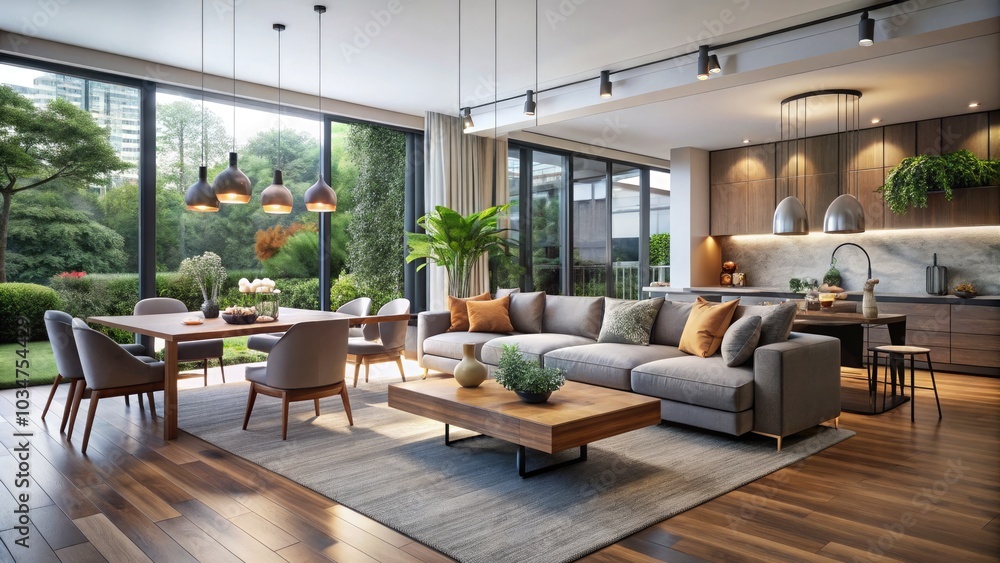 Modern Home Interior Design: Panoramic 3D Render of Spacious Living and Dining Room with Contemporary Furnishings, Stylish Decor, Open Concept Layout, and Natural Lighting Modern Home Interior Design: Panoramic 3D Render of Spacious Living and Dining Room with Contemporary Furnishings, Stylish Decor, Open Concept Layout, and Natural Lighting