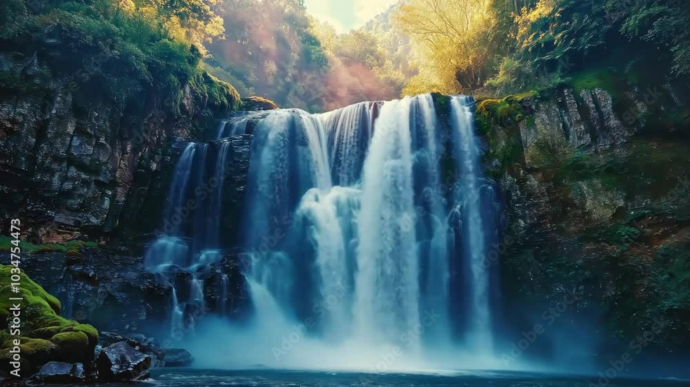 A serene waterfall cascades down rocky cliffs surrounded by lush greenery, with mist rising and sunlight filtering through the trees. A serene waterfall cascades down rocky cliffs surrounded by lush greenery, with mist rising and sunlight filtering through the trees.