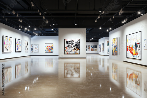 Modern art gallery with colorful paintings