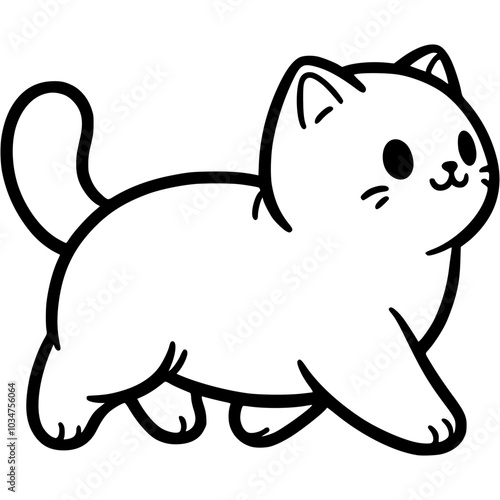 White cat walks with an important gait in monochrome. Simple minimalistic vector in black ink drawing on transparent background