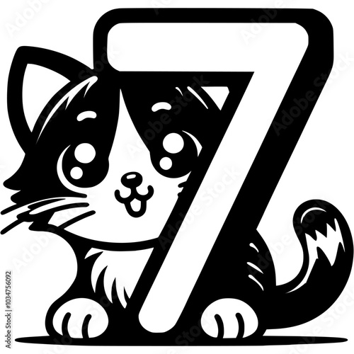 Little kitten hid behind the number seven digit in kitty style in monochrome. Simple minimalistic vector in black ink drawing on transparent background