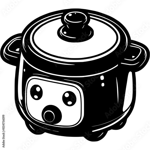 Multicooker pressure cooker in monochrome. Pressure cooking device. Simple minimalistic vector in black ink drawing on transparent background