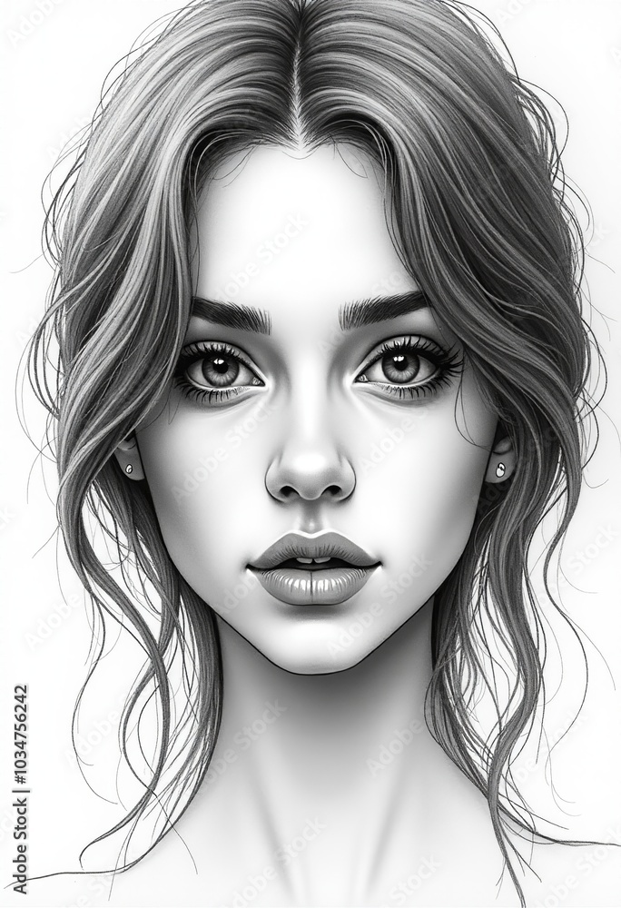 Fototapeta premium Artistic Representation of a Young Woman's Face: Close-Up Drawing in Hatching Technique, Featuring Dark Ink Lines and Textured Hair on White Paper