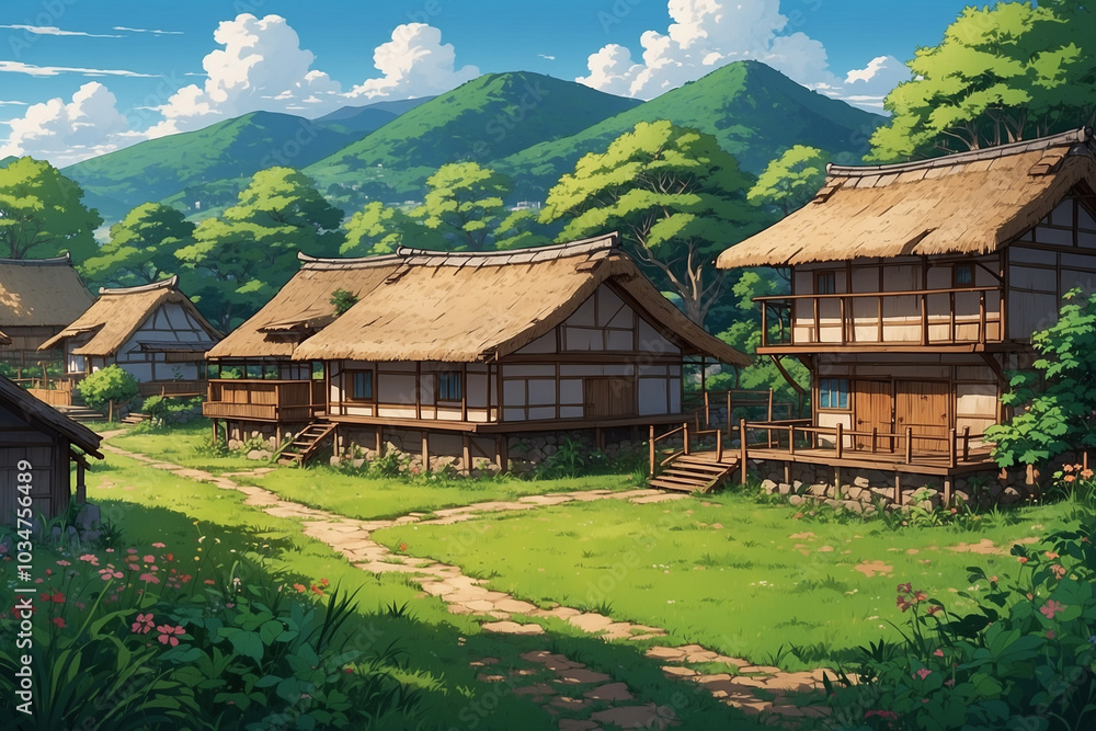 Dense housing in the countryside with thatched roofs. In anime style Dense housing in the countryside with thatched roofs. In anime style