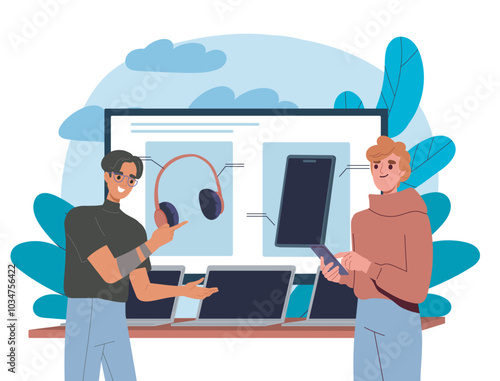 People in electronics store. Men near headphones and tablets, smartphones. Supermarket with gadgets and devices. Seller with buyer. Flat vector illustration isolated on white background