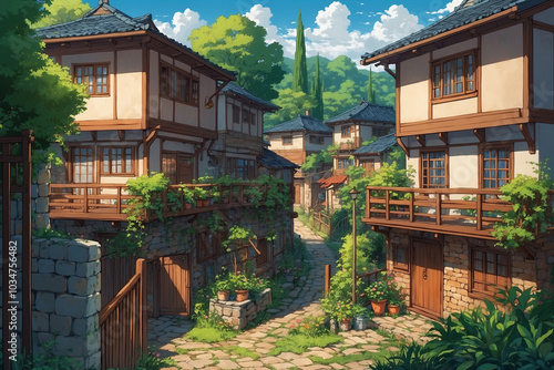 Dense housing in villages. In anime style