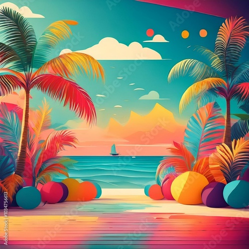 Caribbean beach with palm trees and sea some clouds advertising pastel colors