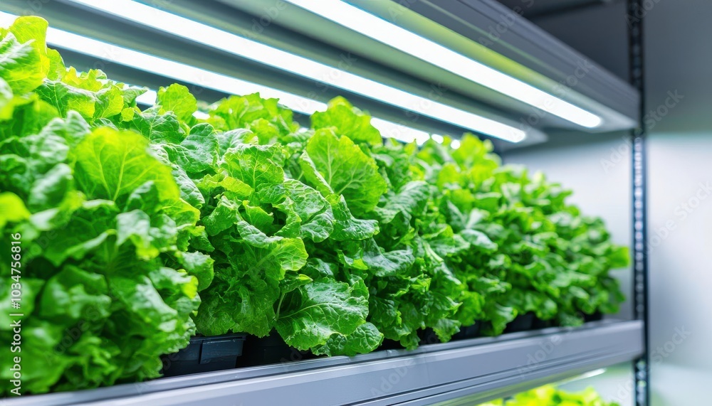 A vibrant display of green lettuce growing under LED lights in a modern indoor farming setup. A vibrant display of green lettuce growing under LED lights in a modern indoor farming setup.