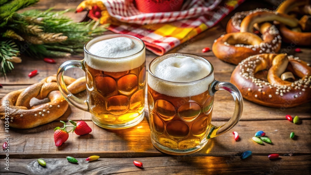 Oktoberfest Celebration with Beer Mugs and Pretzels on Rustic Table Oktoberfest Celebration with Beer Mugs and Pretzels on Rustic Table